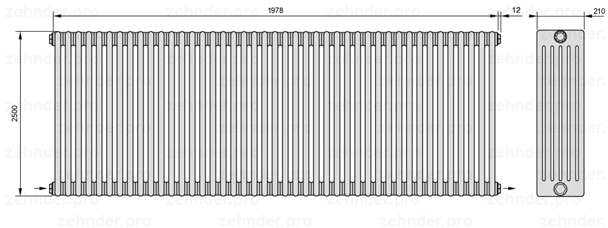 Схема (чертеж) Радиатор Zehnder Charleston 6250/43 №2670 Белый глянцевый RAL 9016